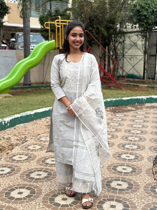 NY 480 Elegant Kadhi Cotton Kurti with embroidery on yoke and pant with 3/4th sleeves