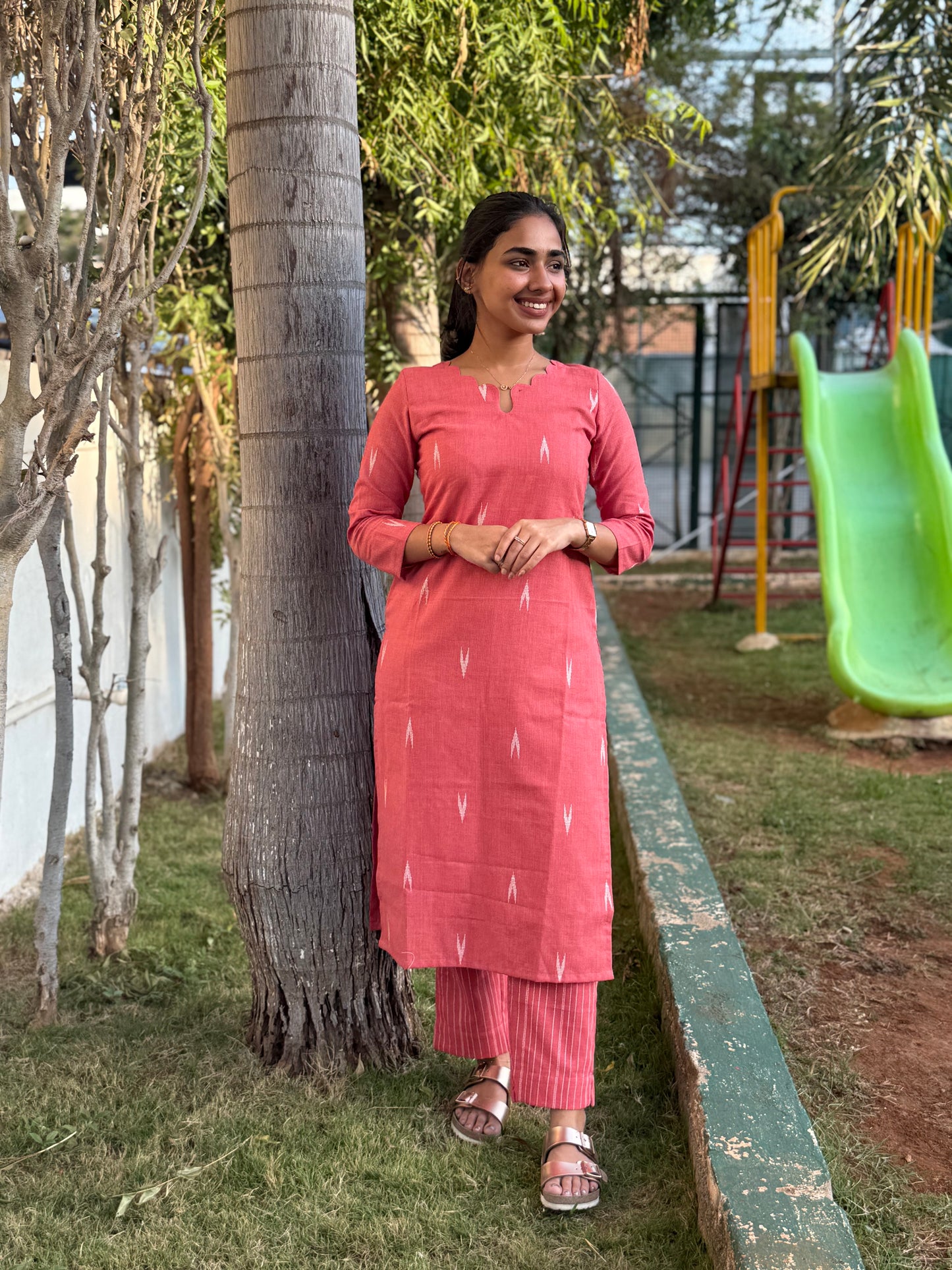Elegant Handblock Ikkat cotton set with 3/4th sleeves and scallop neck with kota duppatta