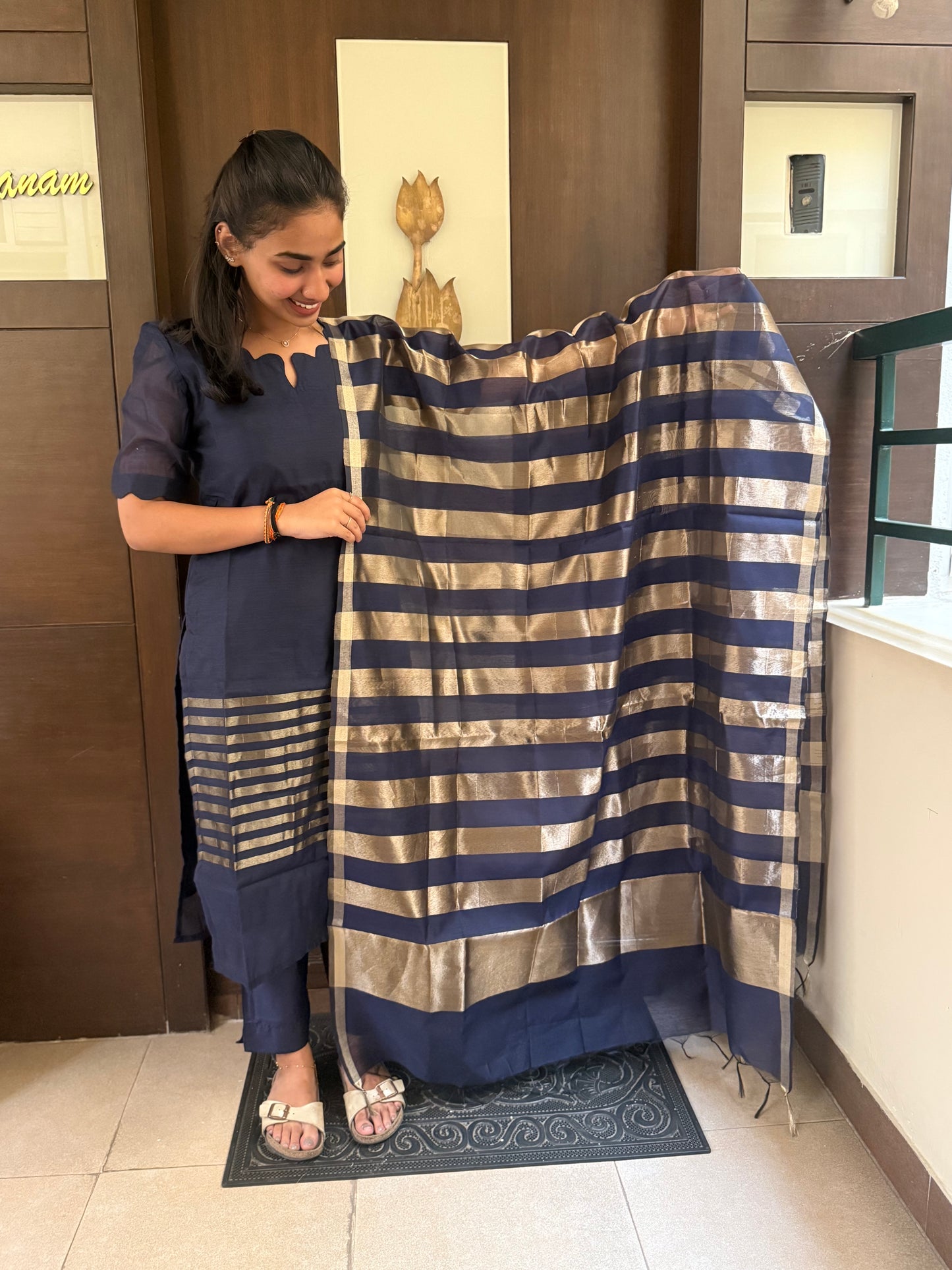 Elegant  Banarasi kurti set with duppatta and elbow sleeves