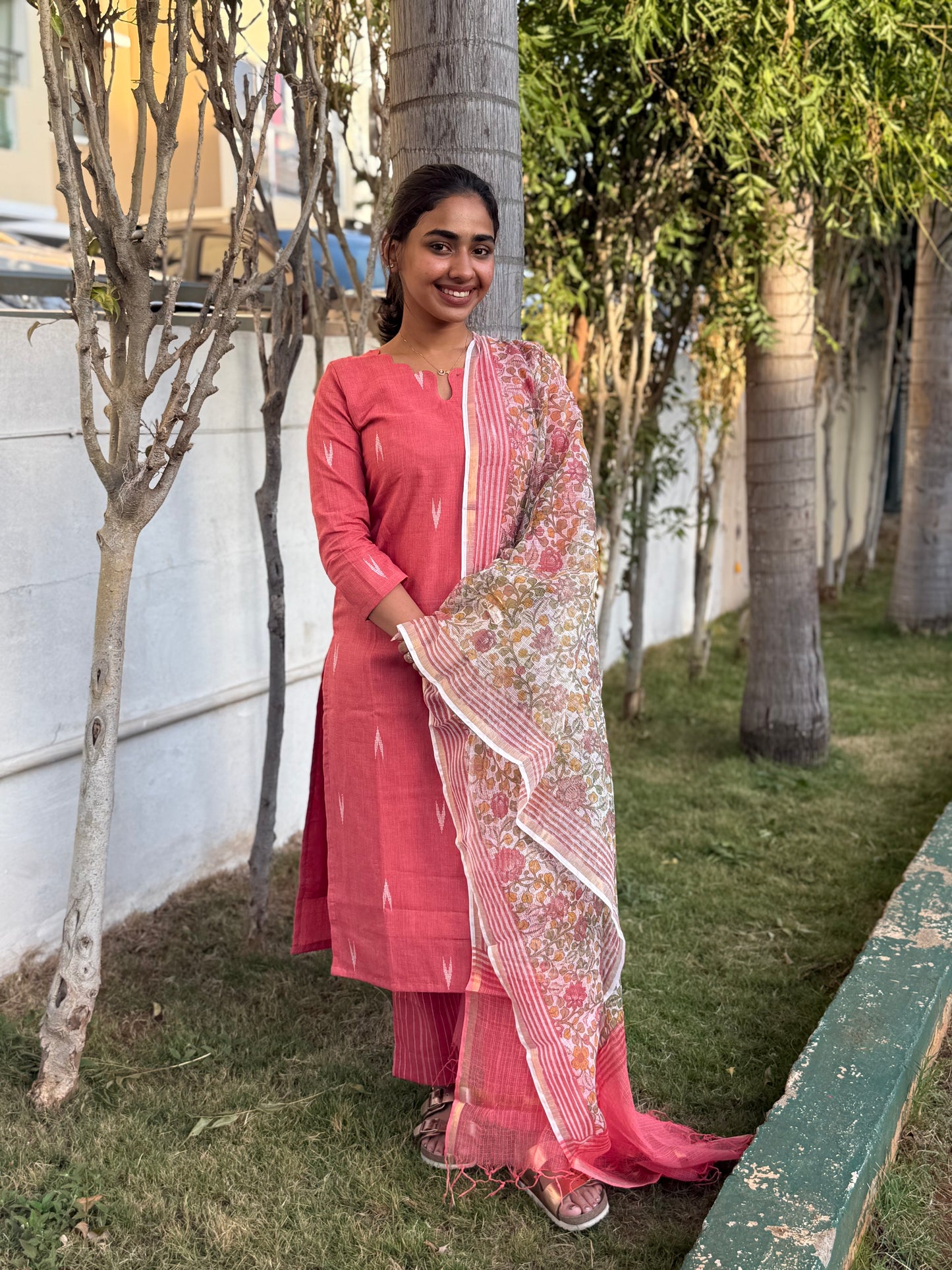 Elegant Handblock Ikkat cotton set with 3/4th sleeves and scallop neck with kota duppatta