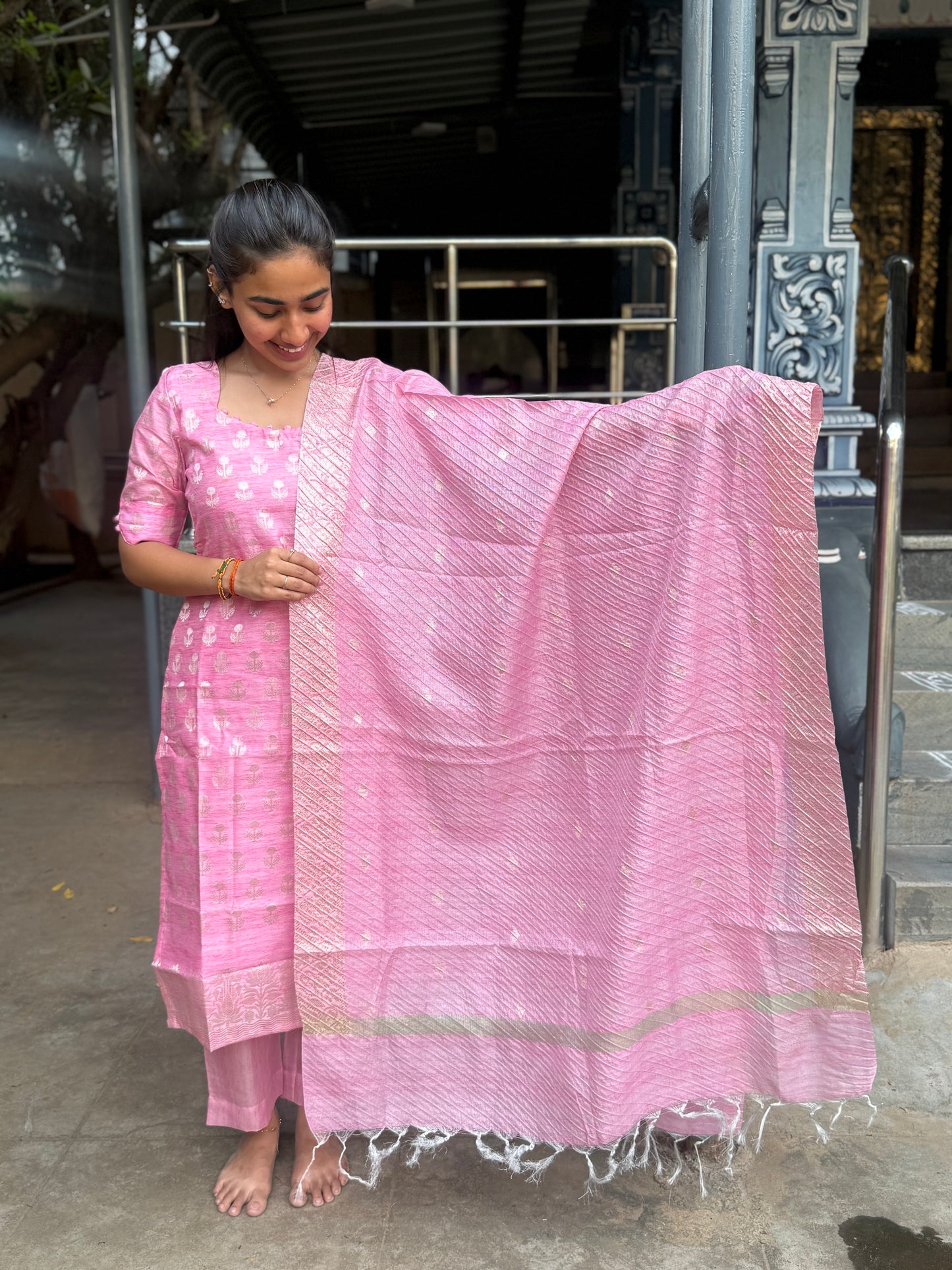 Elegant Pure Banaras kurti set with duppatta and elbow sleeves with potli button detailings