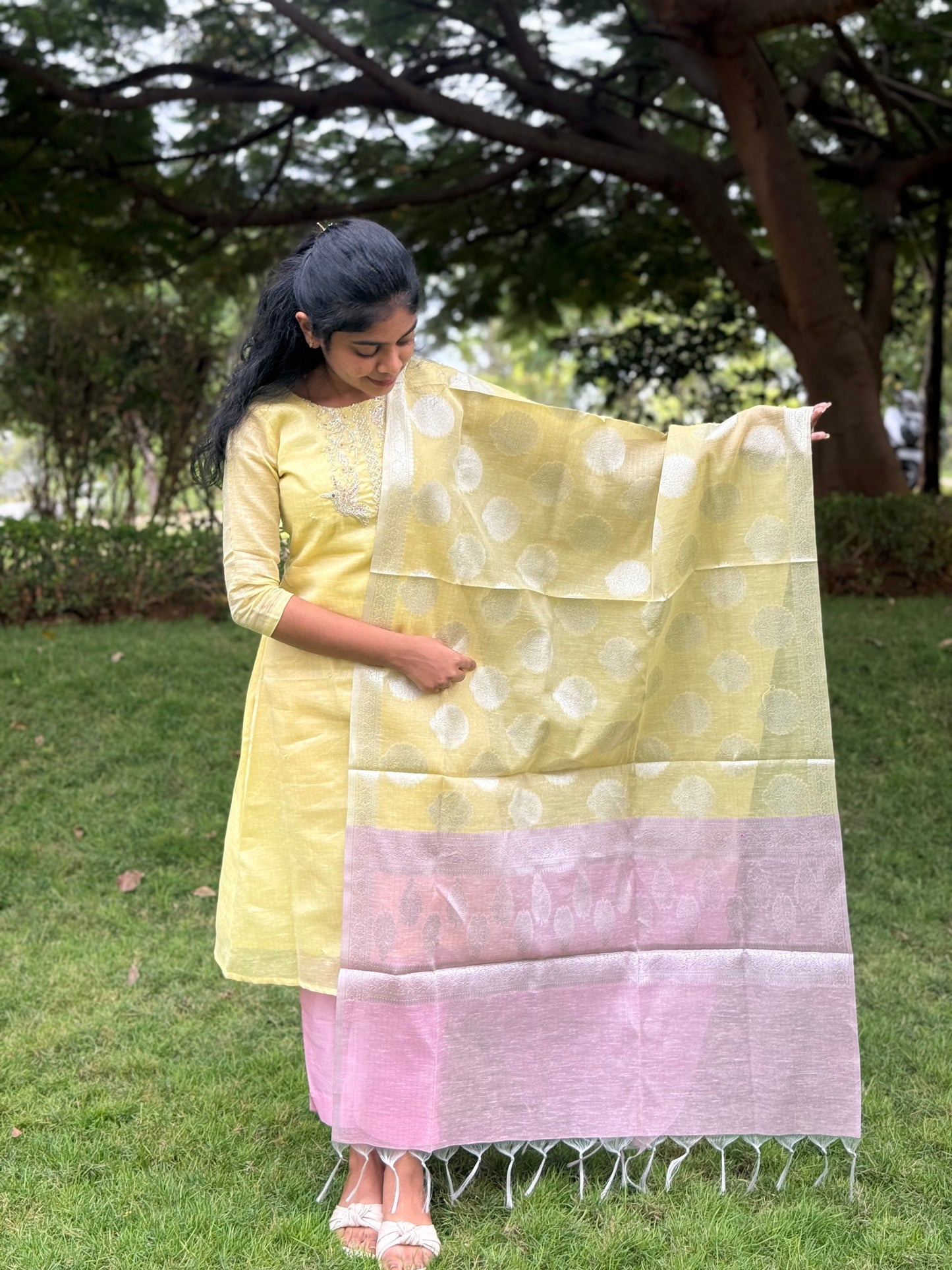 Ny 515 Elegant Tissue silk top with linen look and 3/4th sleeves with beautiful hand embroidery on yoke