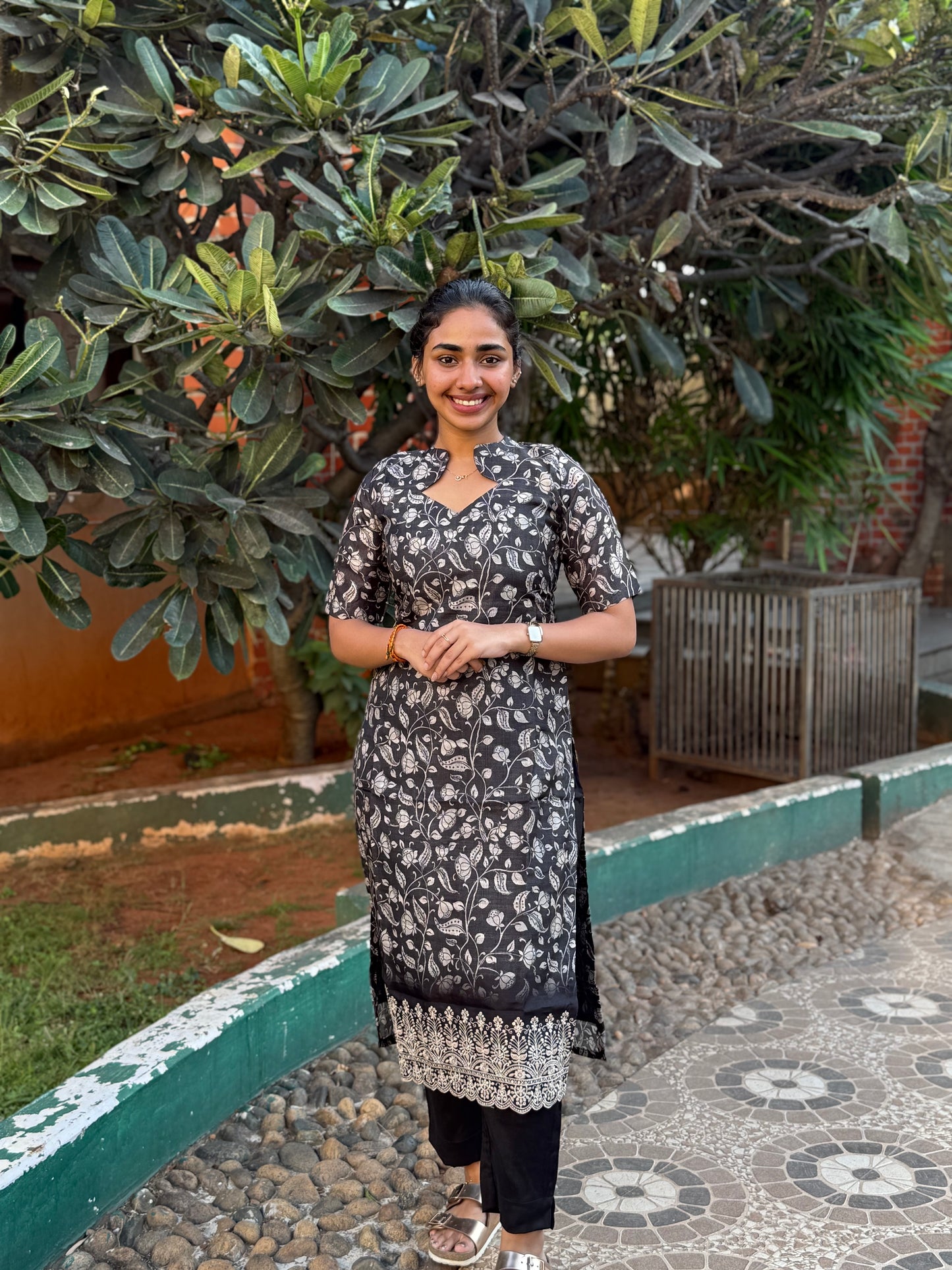 NY 489 Elegant Tussar Kalamkari silk Kurti with Kalamkari duppatta and elbow sleeves