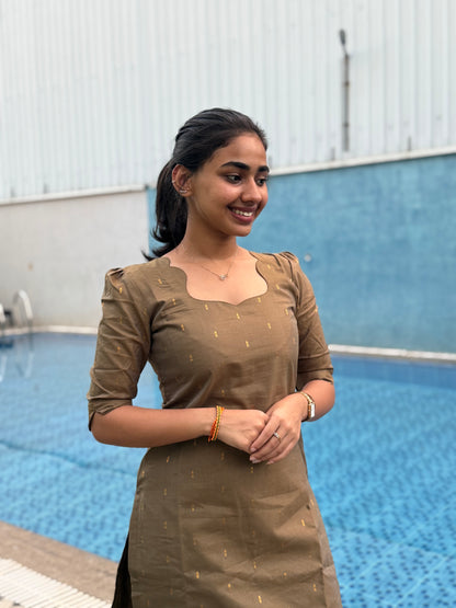 Elegant  RawSilk  kurti set with kalamkari duppatta and elbow sleeves