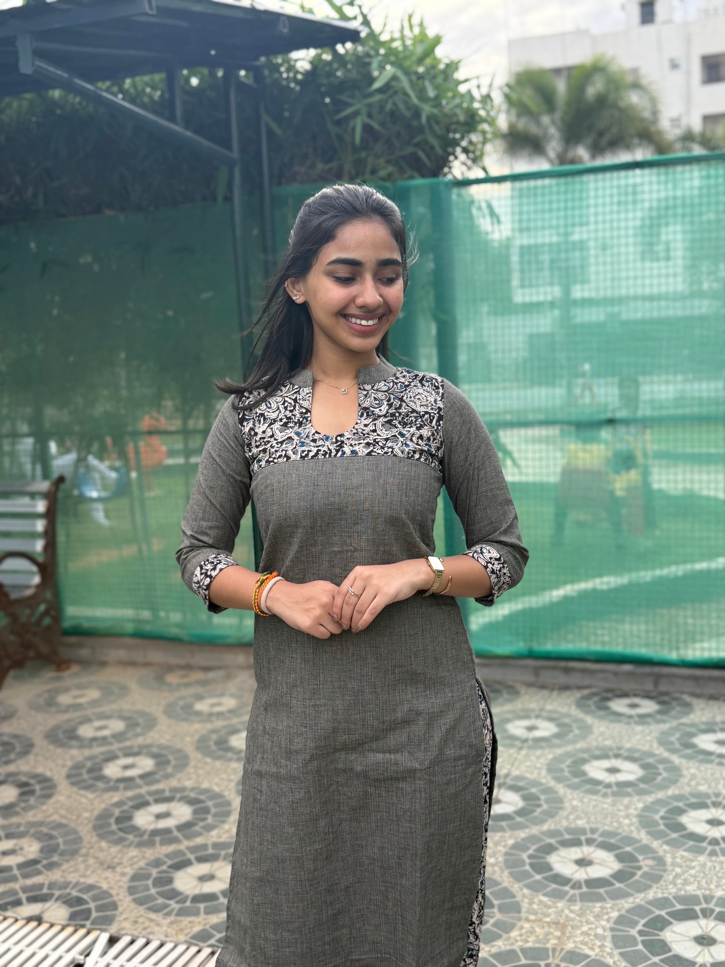 NY 468 Elegant Cotton Kurti with kalamkari patch on neck and sleeves with kalamkari parallel pant and duppatta