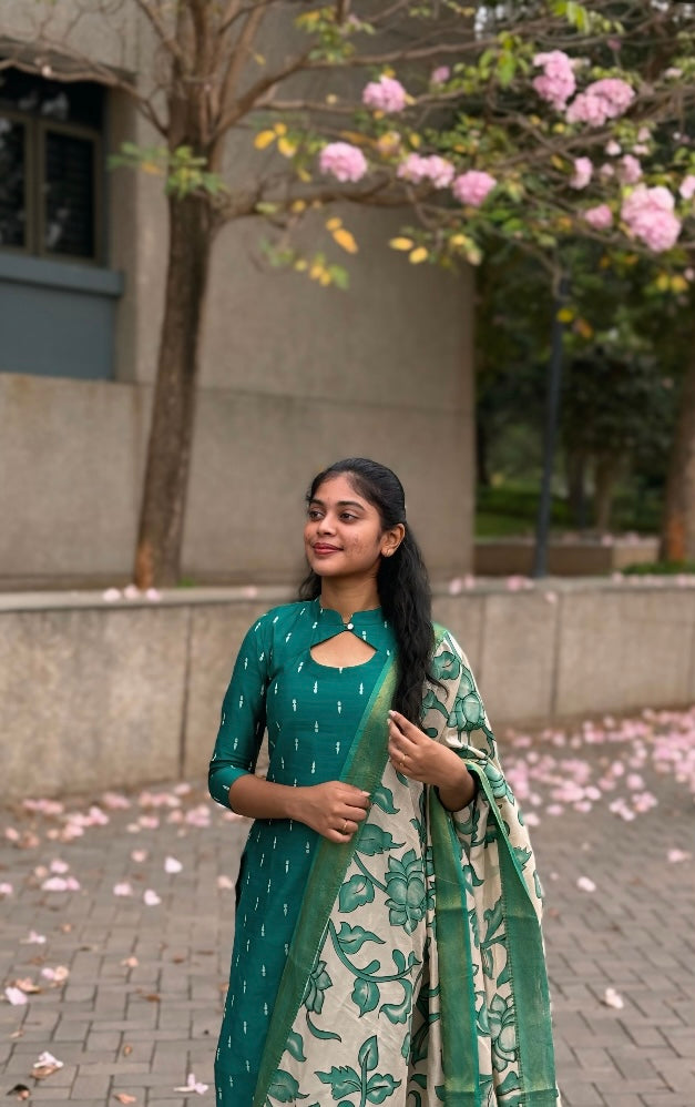 NY 519 Elegant Rawsilk with pure georgette kalamkari duppatta with 3/4th sleeves