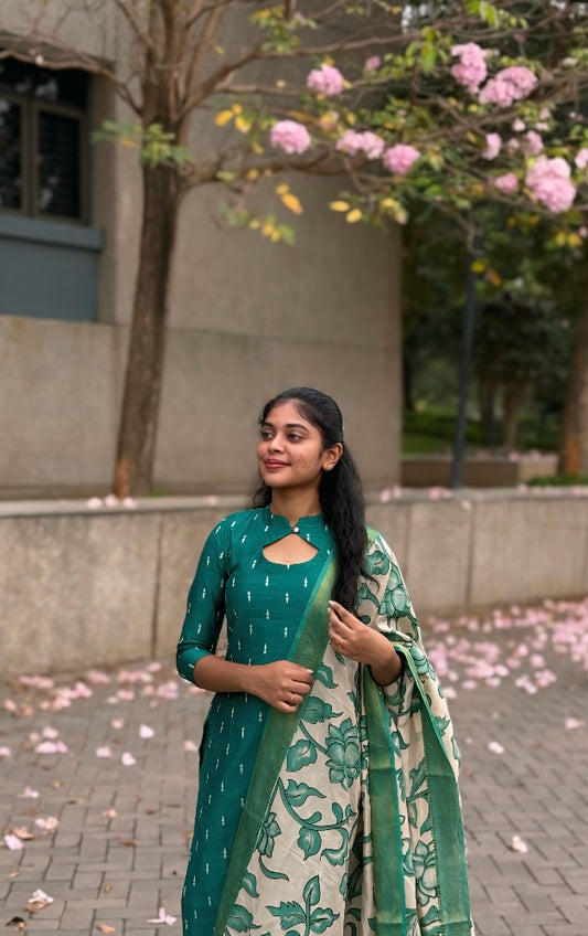 NY 519 Elegant Rawsilk with pure georgette kalamkari duppatta with 3/4th sleeves