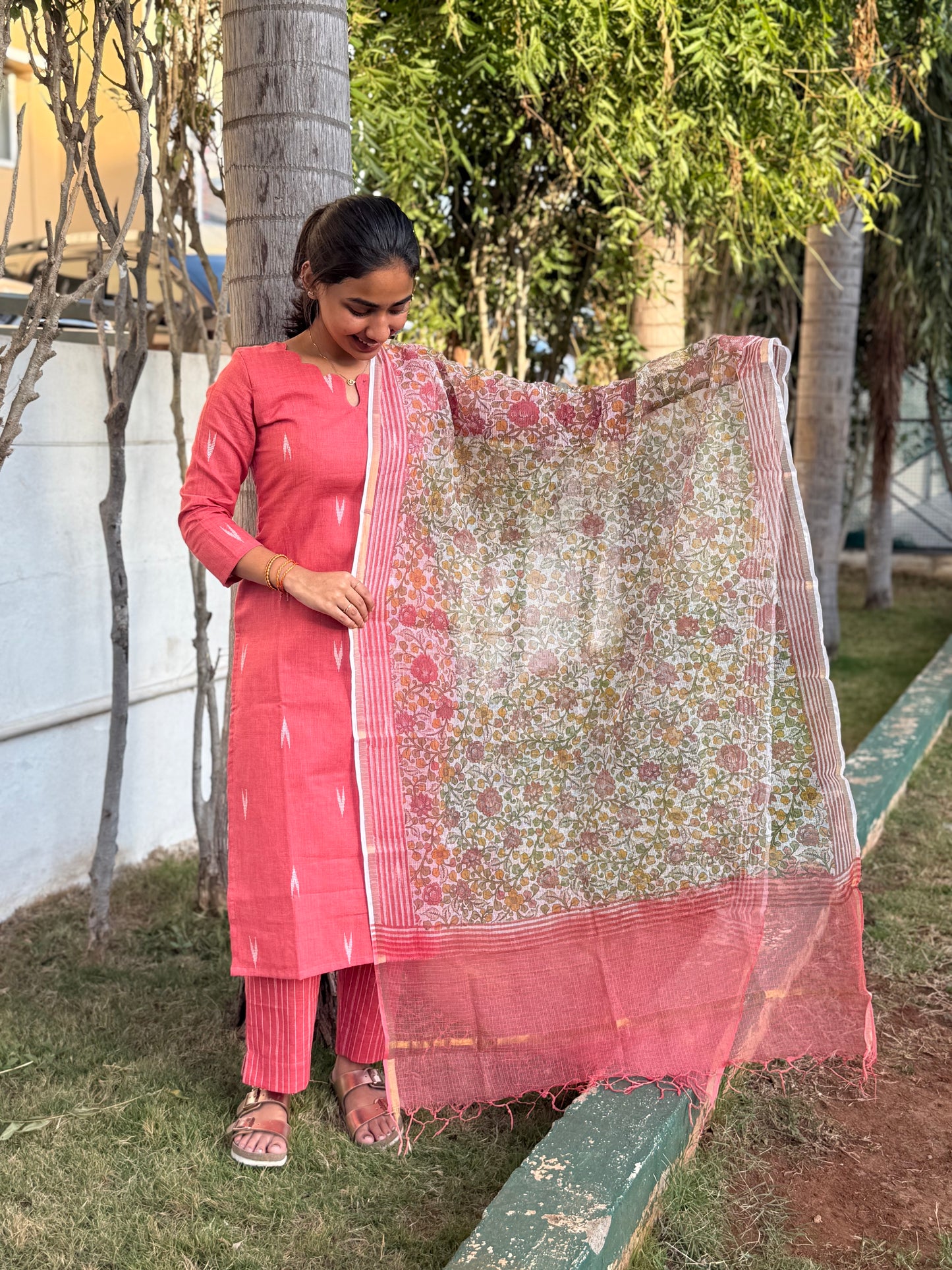 Elegant Handblock Ikkat cotton set with 3/4th sleeves and scallop neck with kota duppatta