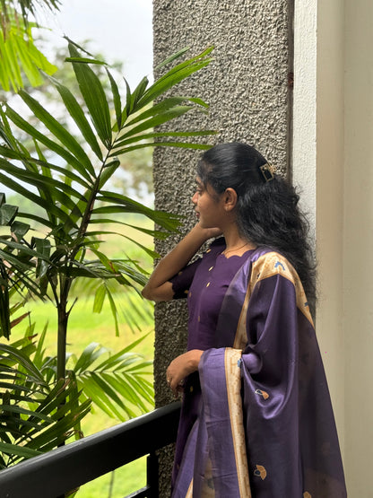 NY 520 Elegant Rawsilk with silk  duppatta with elbow sleeves and scallop detailings