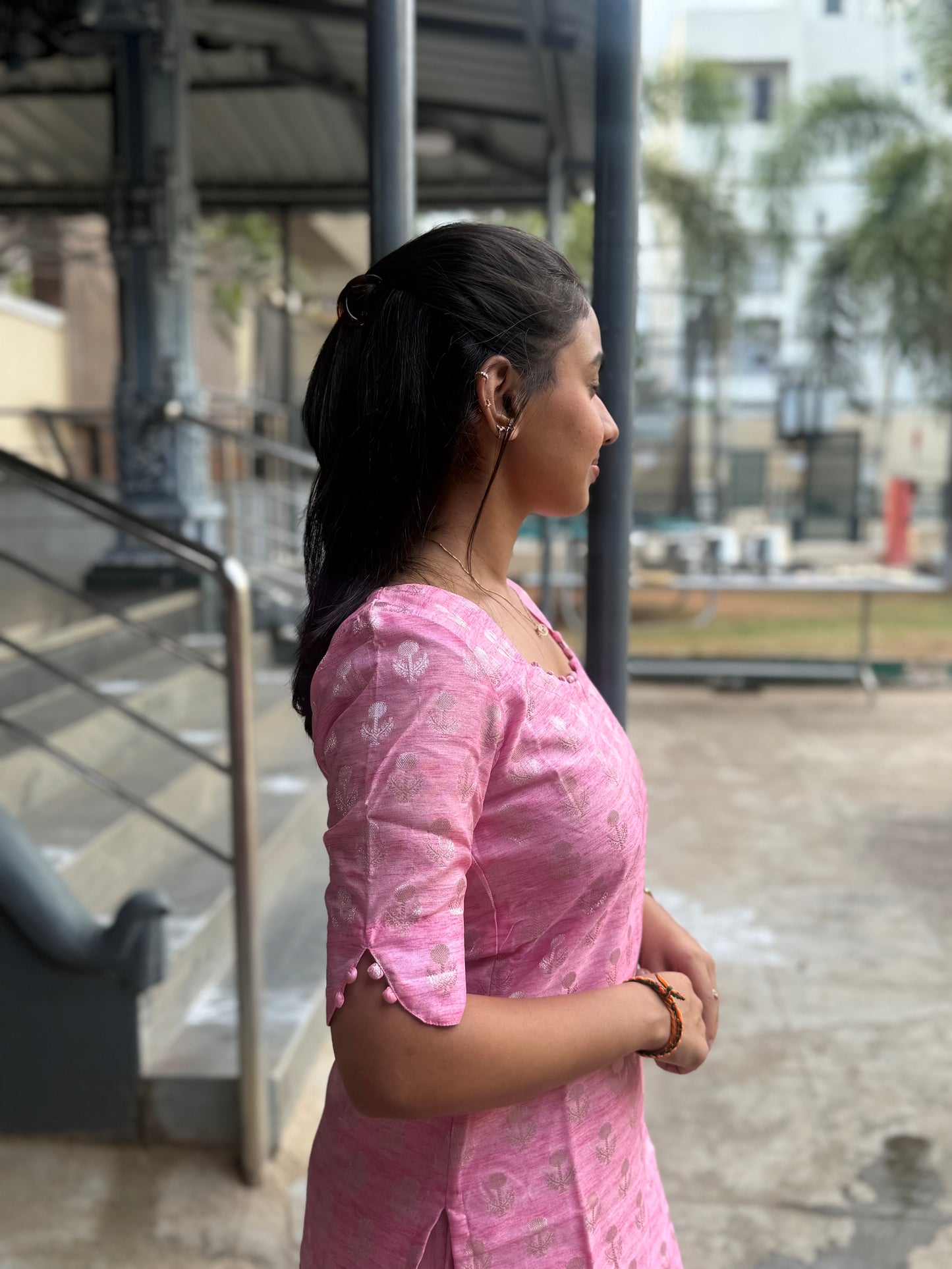 Elegant Pure Banaras kurti set with duppatta and elbow sleeves with potli button detailings