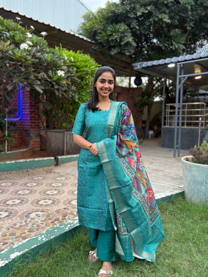 NY 473 Elegant Tussar silk Kurti with scallop neck detailings with elbow puff sleeves and pochampally duppatta