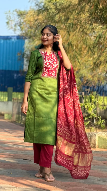 NY 532 Elegant Satin Cotton kurti with silk duppatta and 3/4th slevves