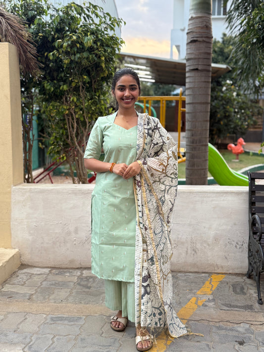 NY 481 Elegant  RawSilk  kurti set with kalamkari duppatta and kantha pant