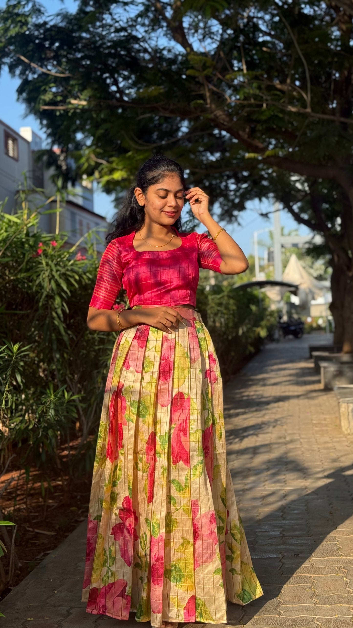 NY 511 Elegant Dola silk skirt material with Silk crop top with elbow puff sleeves