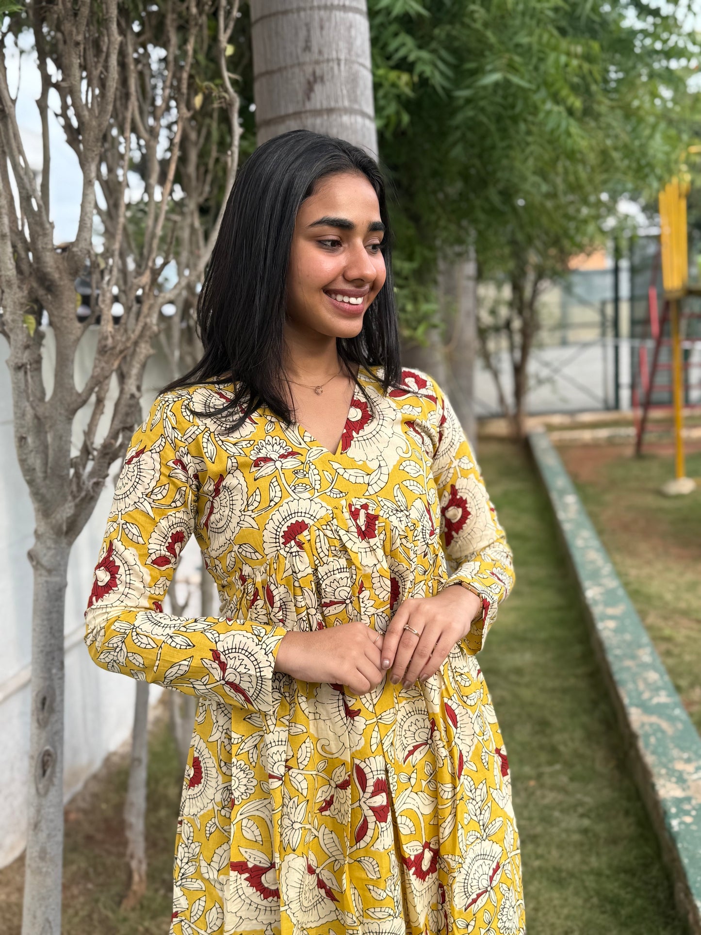 NY 466 Elegant Cotton kalamkari alia cut maxi with full sleeves
