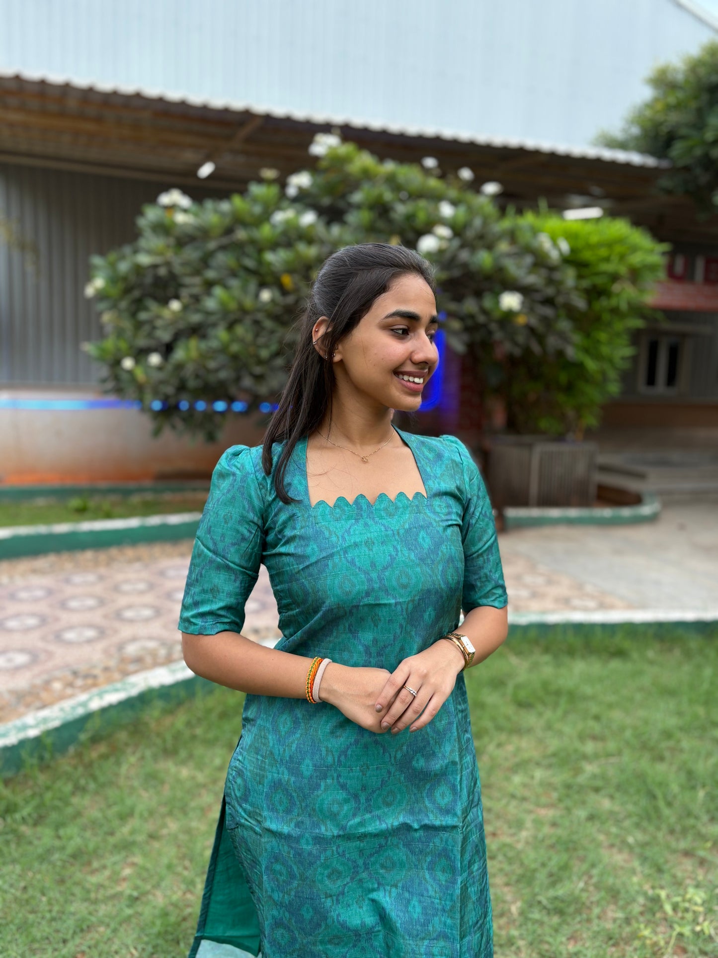NY 473 Elegant Tussar silk Kurti with scallop neck detailings with elbow puff sleeves and pochampally duppatta