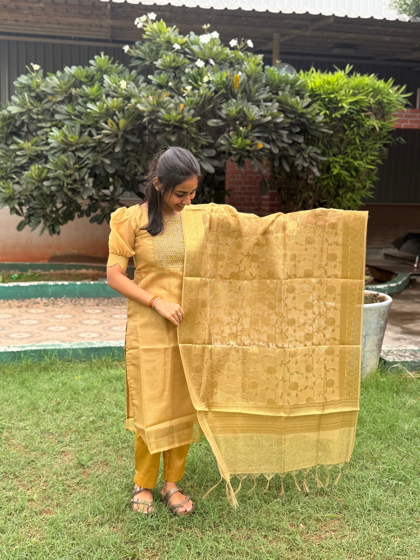 NY 475 Elegant Pure Kota tissue silk Kurti with  elbow puff sleeves and silk duppatta