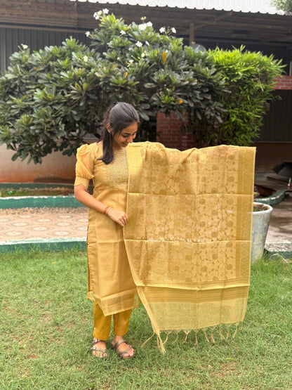 NY 475 Elegant Pure Kota tissue silk Kurti with  elbow puff sleeves and silk duppatta