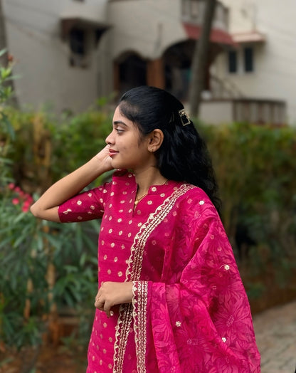 NY 527 Elegant Dola silk set with organza duppatta with elbow puff sleeves