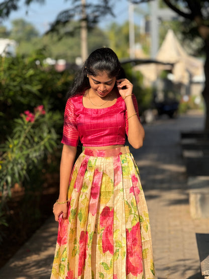 NY 511 Elegant Dola silk skirt material with Silk crop top with elbow puff sleeves