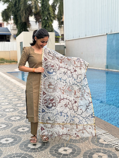 Elegant  RawSilk  kurti set with kalamkari duppatta and elbow sleeves