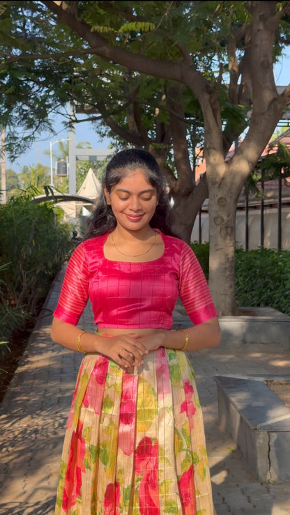 NY 511 Elegant Dola silk skirt material with Silk crop top with elbow puff sleeves