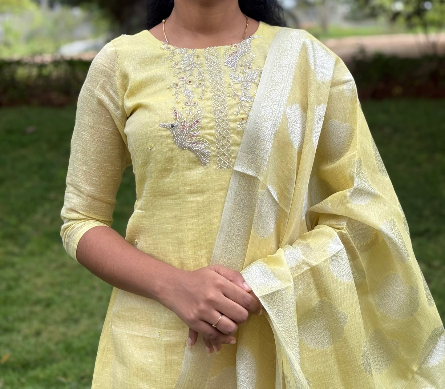 Ny 515 Elegant Tissue silk top with linen look and 3/4th sleeves with beautiful hand embroidery on yoke