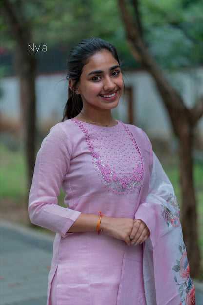 NY 420 Elegant tissue Kurti with  knoted embroidery on yoke and 3/4th sleeves