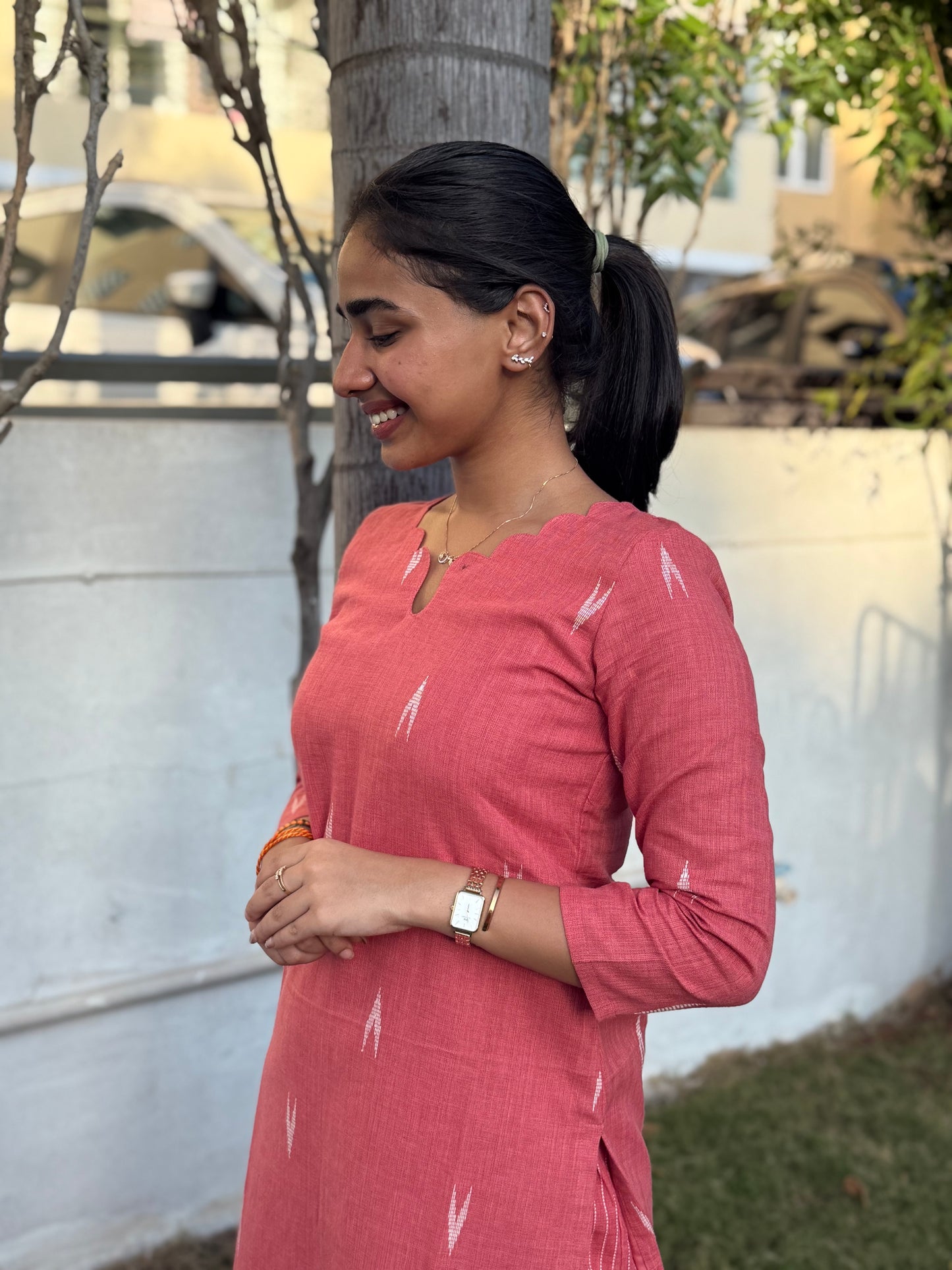 Elegant Handblock Ikkat cotton set with 3/4th sleeves and scallop neck with kota duppatta