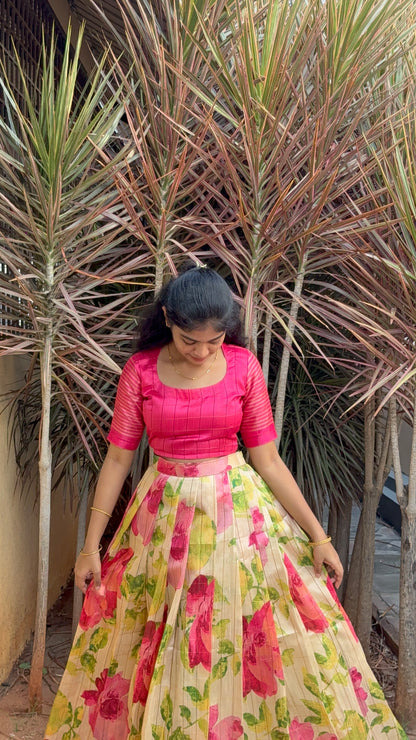 NY 511 Elegant Dola silk skirt material with Silk crop top with elbow puff sleeves