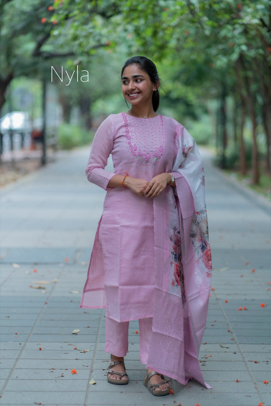 NY 420 Elegant tissue Kurti with  knoted embroidery on yoke and 3/4th sleeves