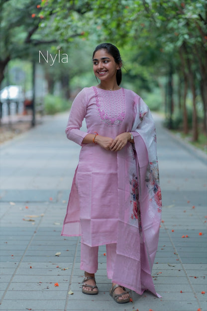 NY 420 Elegant tissue Kurti with  knoted embroidery on yoke and 3/4th sleeves
