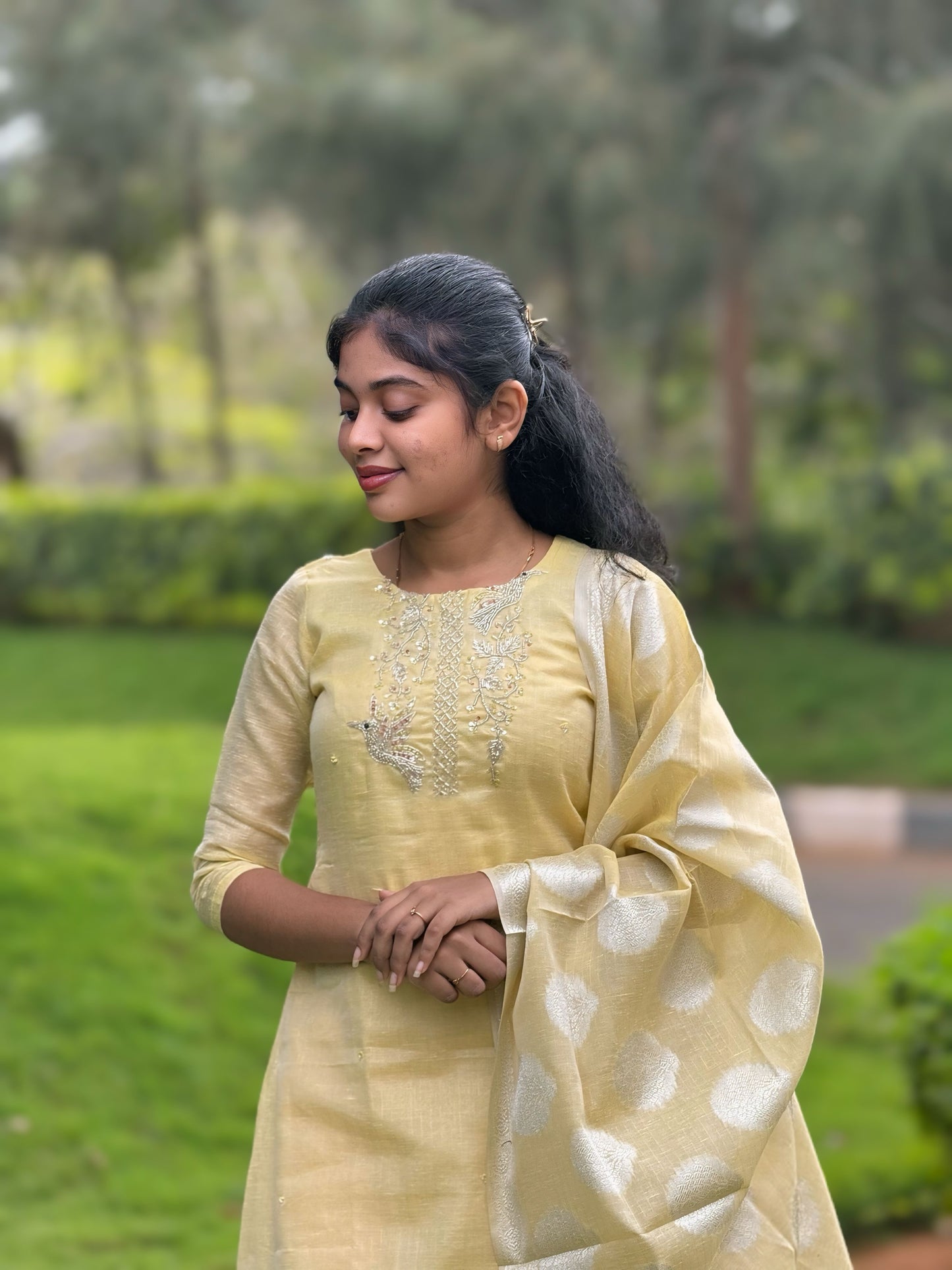 Ny 515 Elegant Tissue silk top with linen look and 3/4th sleeves with beautiful hand embroidery on yoke