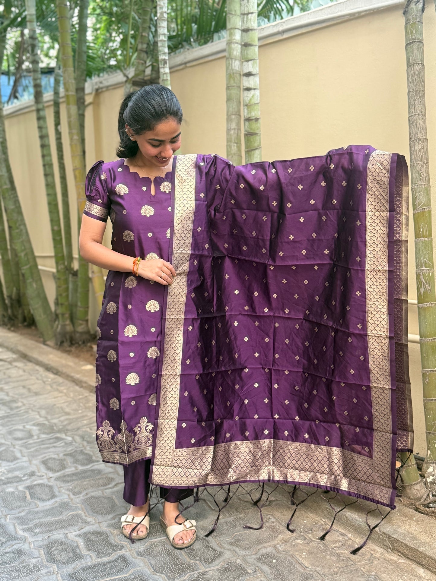 NY 482 Elegant Silk Banarasi Kurti with weaving duppatta and short puff sleeves
