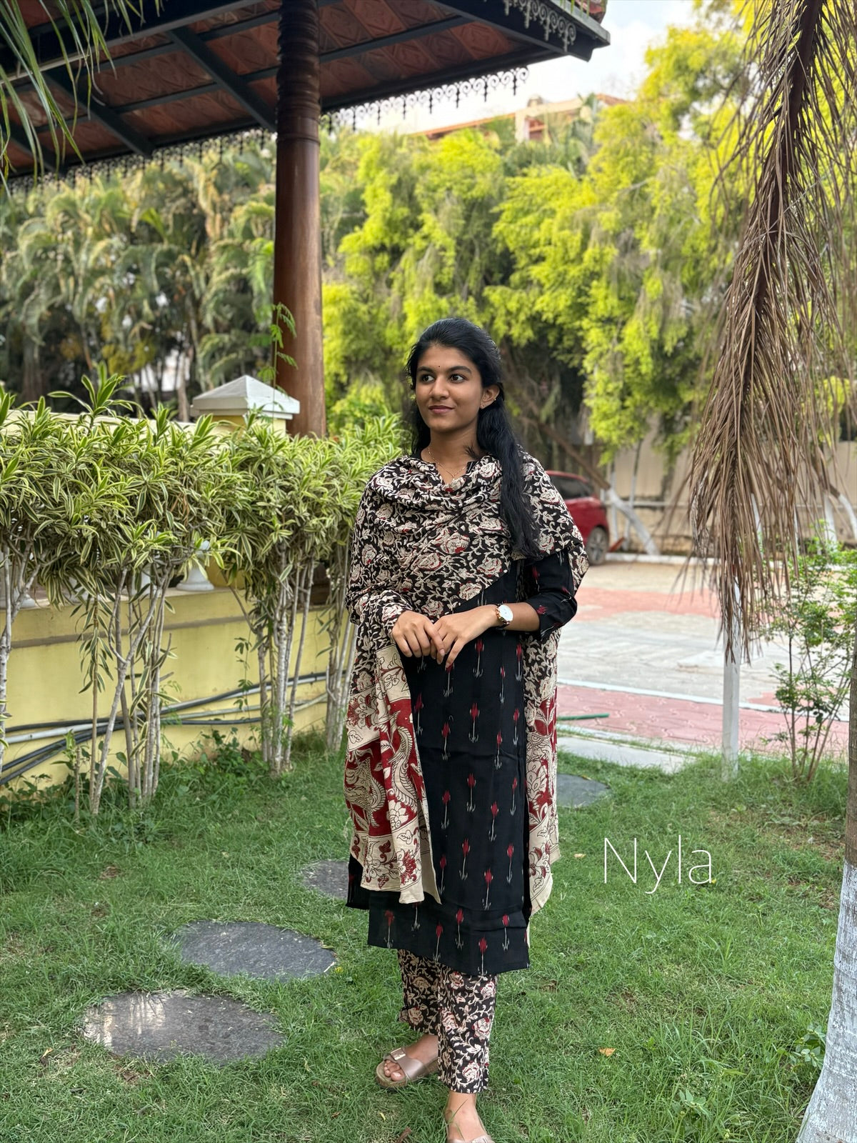Ny 430 Elegant Cotton ikkat print Kurti with kalamkari pant,duppatta with 3/4th sleeves