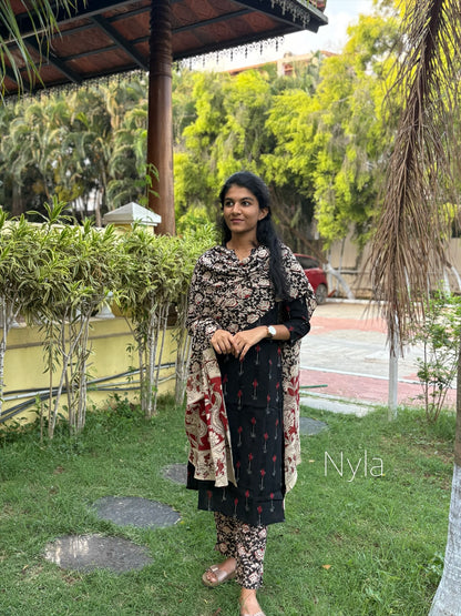 Ny 430 Elegant Cotton ikkat print Kurti with kalamkari pant,duppatta with 3/4th sleeves