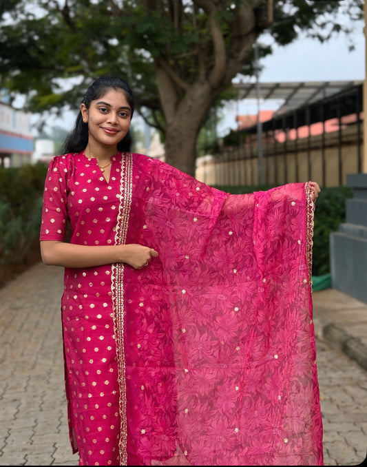 NY 527 Elegant Dola silk set with organza duppatta with elbow puff sleeves