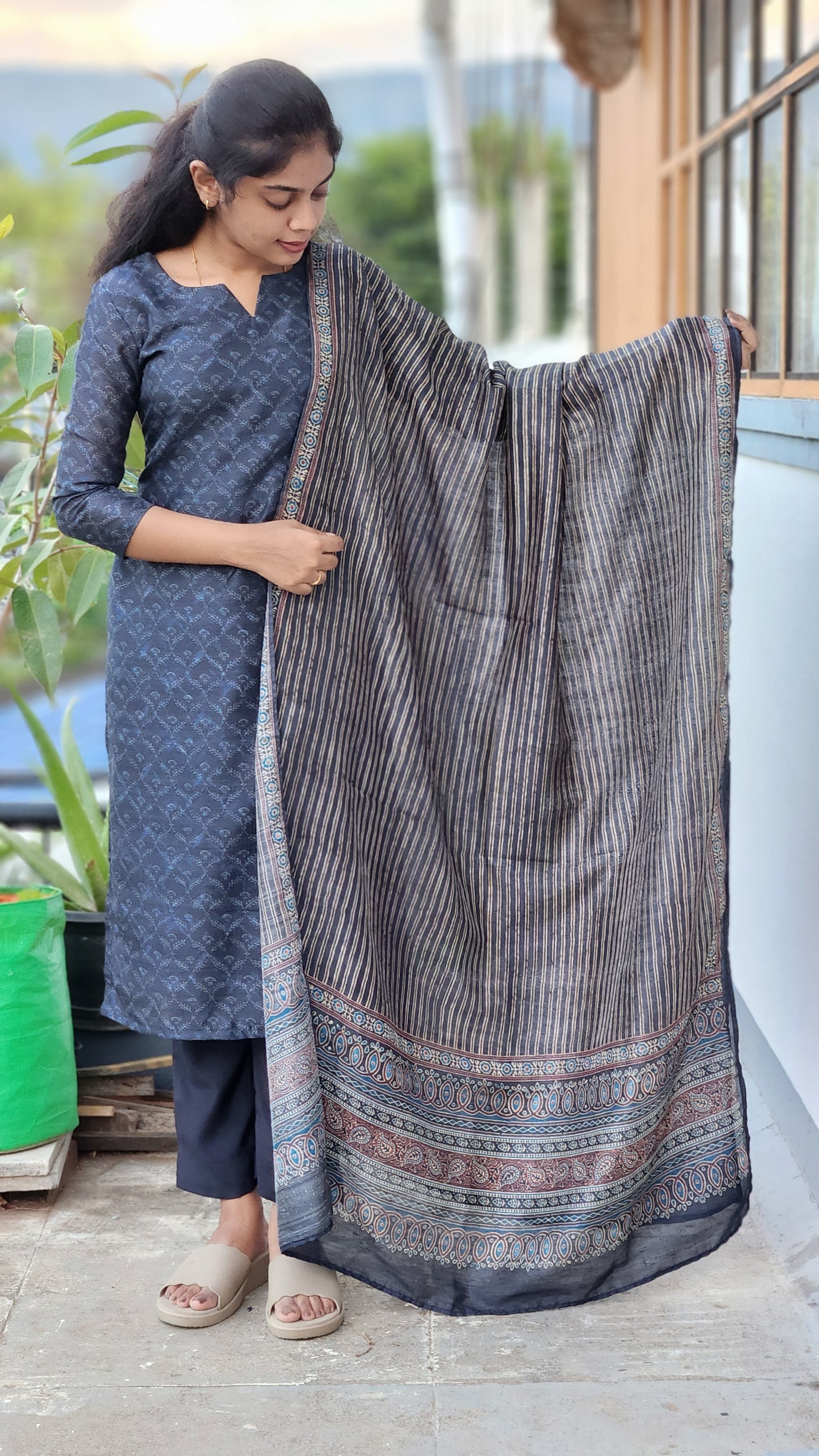 NY 506 Elegant Dupion Ajrakh kurti set with 3/4th sleeves