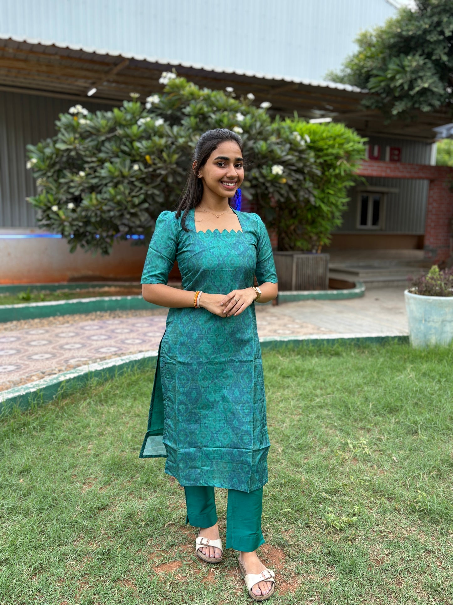 NY 473 Elegant Tussar silk Kurti with scallop neck detailings with elbow puff sleeves and pochampally duppatta