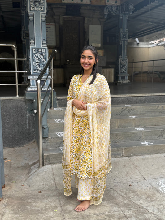 NY 469 Elegant Handblock cotton A-line Kurti with chiffon duppatta