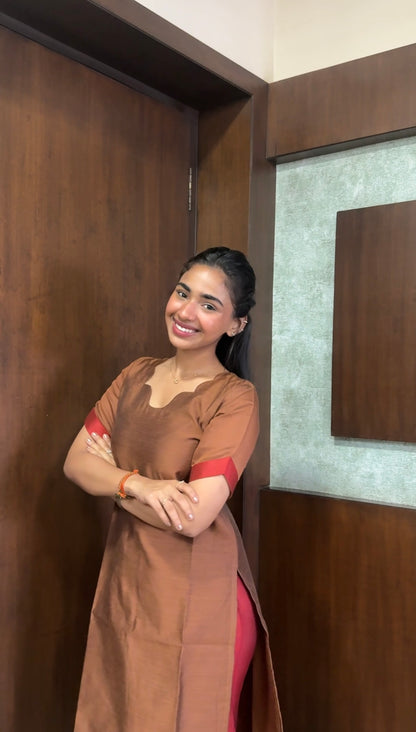 Elegant Pure Maheshwari silk kurti set with elbow sleeves