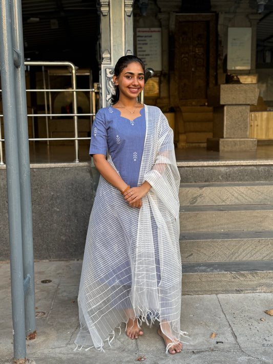 NY 490 Elegant Handblock cotton set with kota duppatta