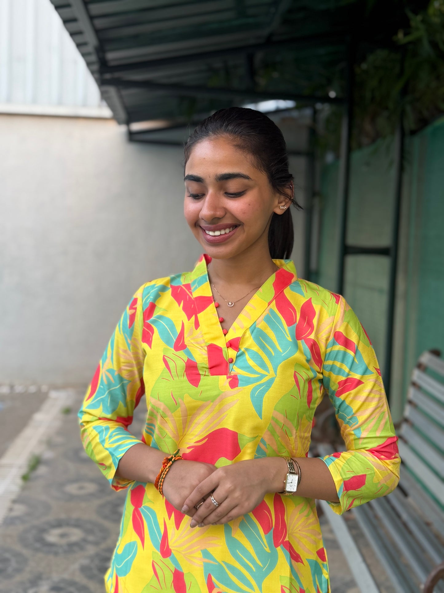 NY 485 Elegant Muslin Kurti with potli button detailings on neck with 3/4th sleeves