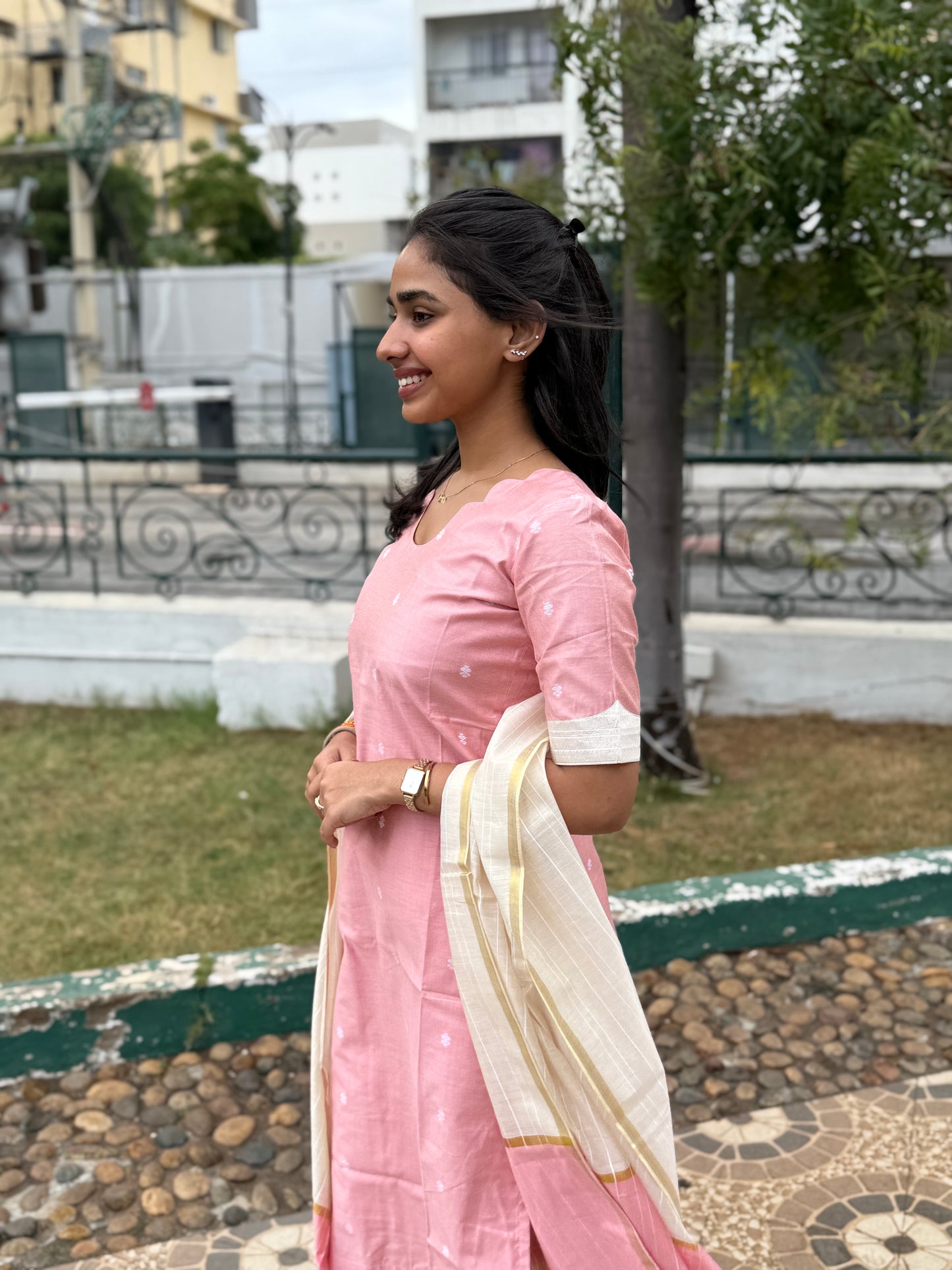 NY 476 Elegant  RawSilk  kurti with elbow sleeves and scallop detailings with kantha pant
