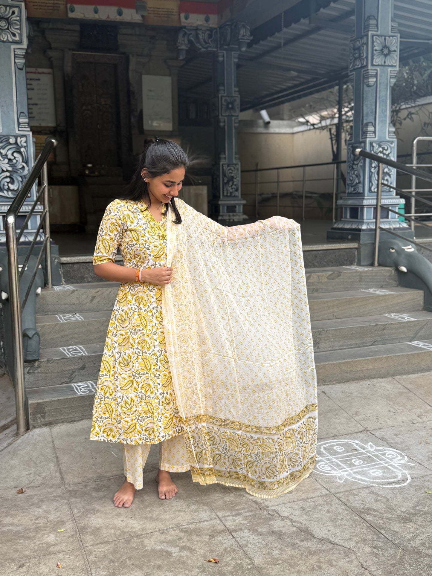 NY 469 Elegant Handblock cotton A-line Kurti with chiffon duppatta