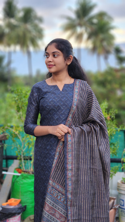 NY 506 Elegant Dupion Ajrakh kurti set with 3/4th sleeves