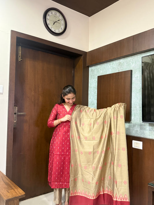 Elegant  RawSilk  kurti set with duppatta and 3/4th sleeves