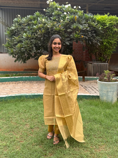 NY 475 Elegant Pure Kota tissue silk Kurti with  elbow puff sleeves and silk duppatta