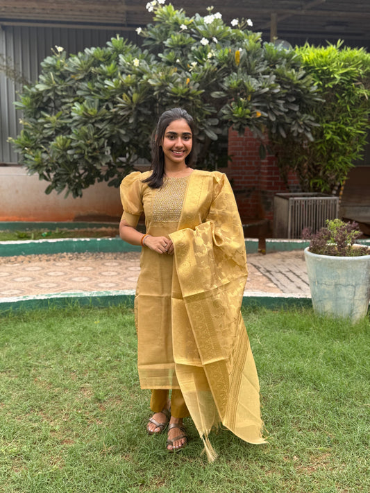 NY 475 Elegant Pure Kota tissue silk Kurti with  elbow puff sleeves and silk duppatta