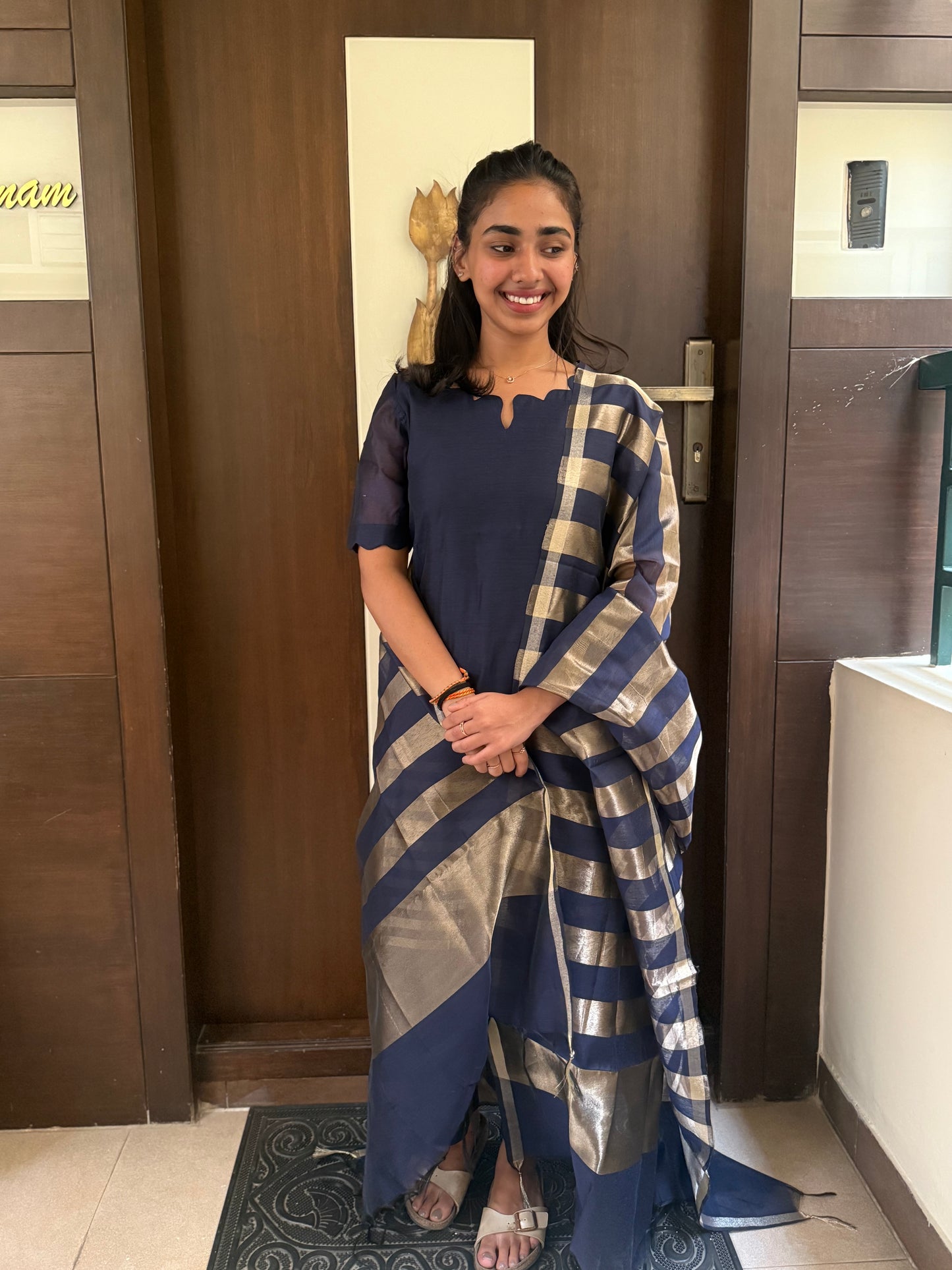 Elegant  Banarasi kurti set with duppatta and elbow sleeves